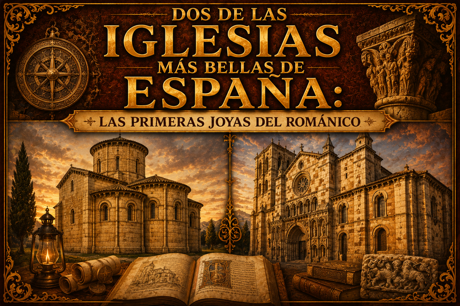 Ilustración de iglesias, con libros y cosas antiguas, y el título del artículo 