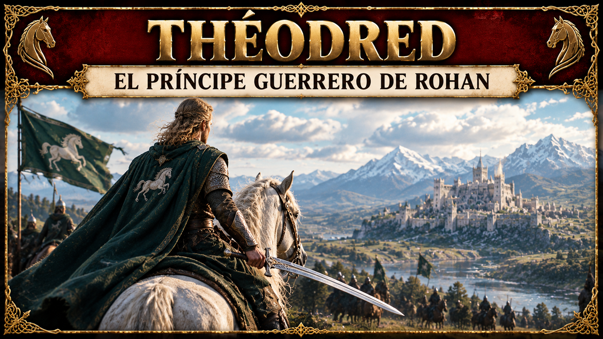 Ilustración representativa de Théodred sobre su caballo, de espaldas, con la espada desenvainada en su mano