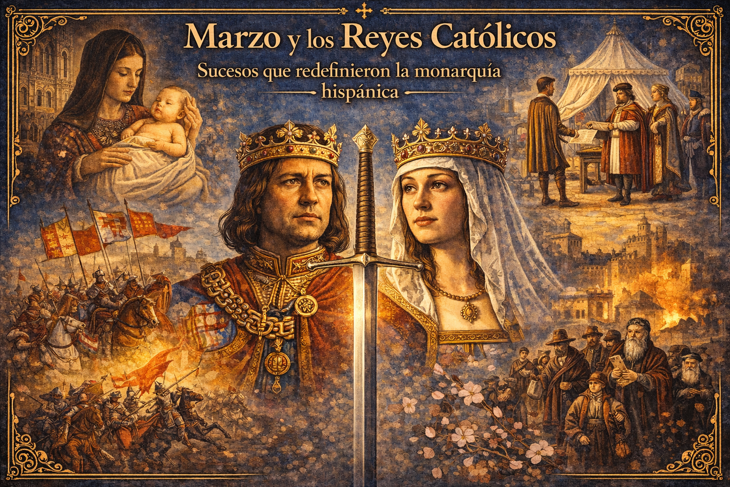 Portada con Reyes, campamento y éxodo representados en ella, con una espada al medio, que dice "Marzo y los Reyes Católicos, sucesos que redefinieron la monarquía hispánica