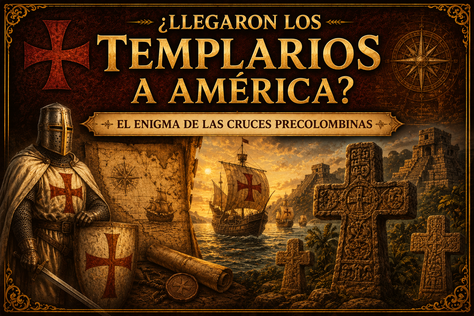Cruces y referencias de civilizaciones americanas y embarcaciones y templarios, con el título del artículo
