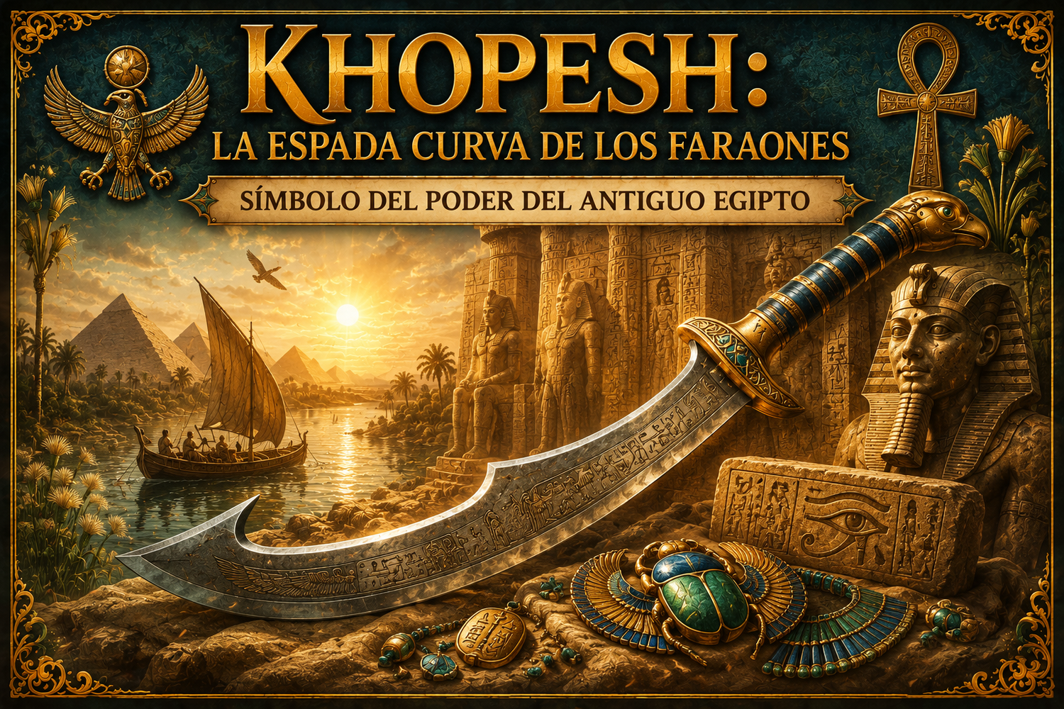 Imagen de un Khopesh con referencias a Egipto y el título del artículo. 