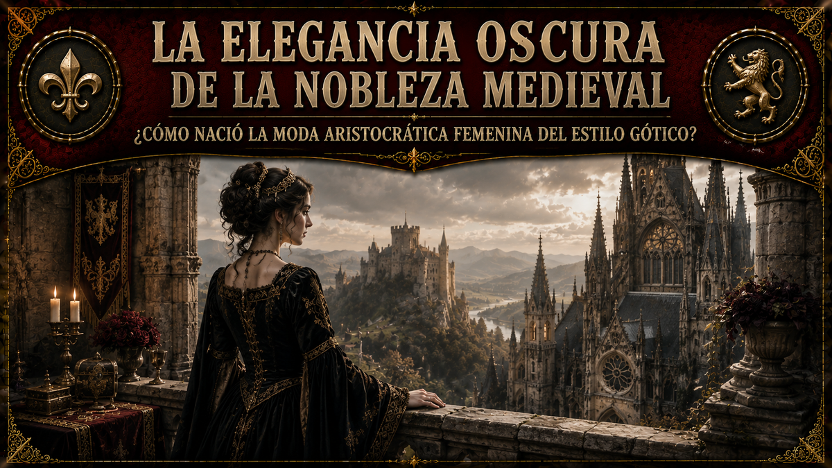 Mujer con vestido de estilo gótico victoriano contemplando una catedral gótica desde una ventana, ilustración con el título del artículo en la parte superior