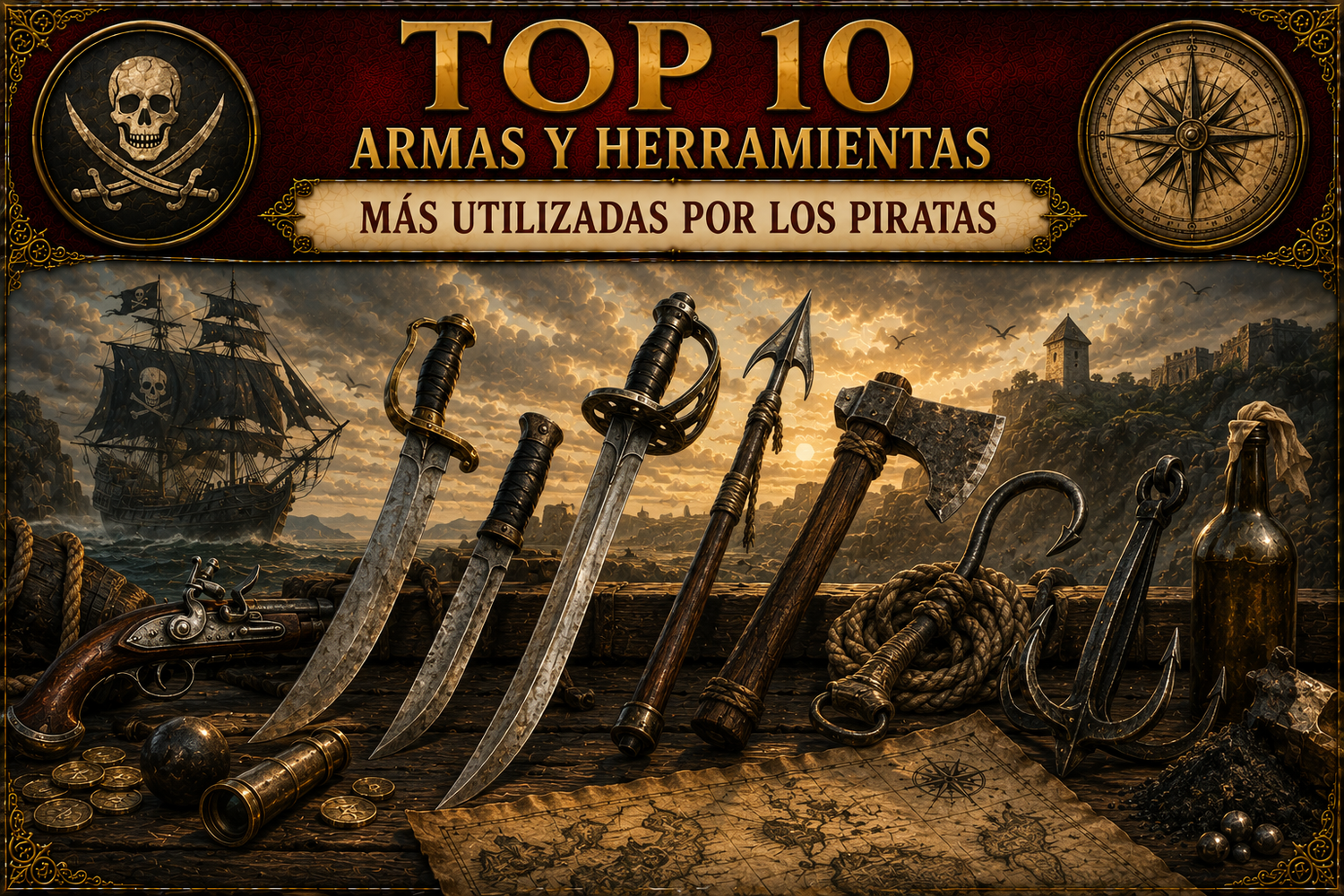 Varias armas piratas y herramientas de abordaje, con una embarcación pirata al fondo y el título del artículo en la parte superior