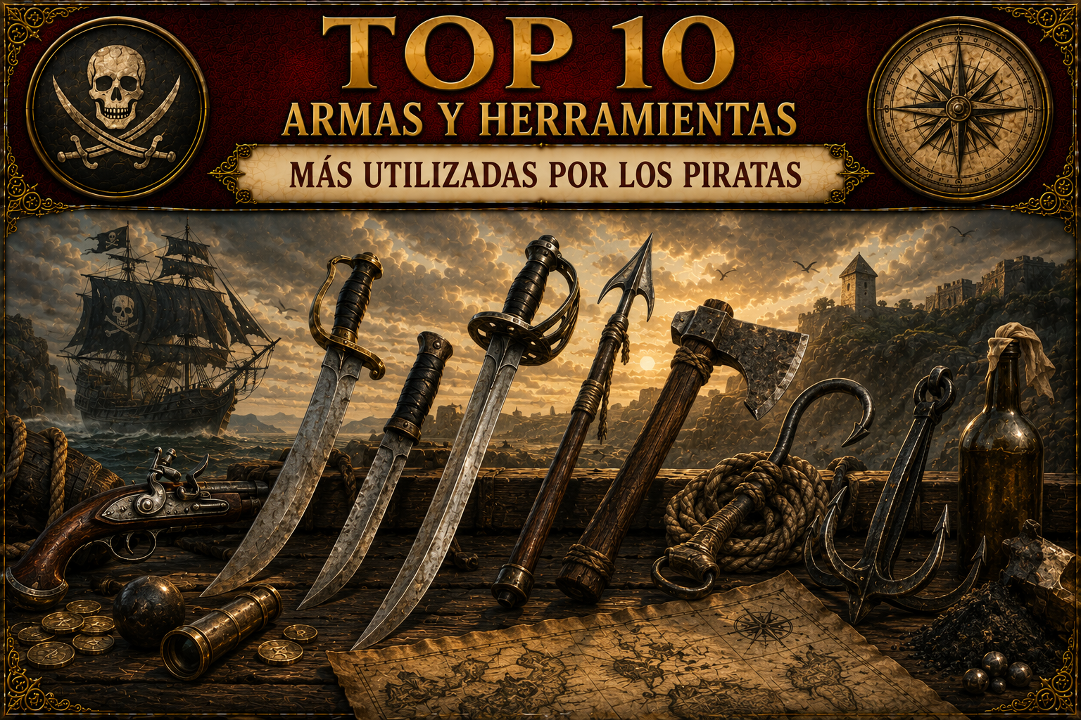 Varias armas piratas y herramientas de abordaje, con una embarcación pirata al fondo y el título del artículo en la parte superior