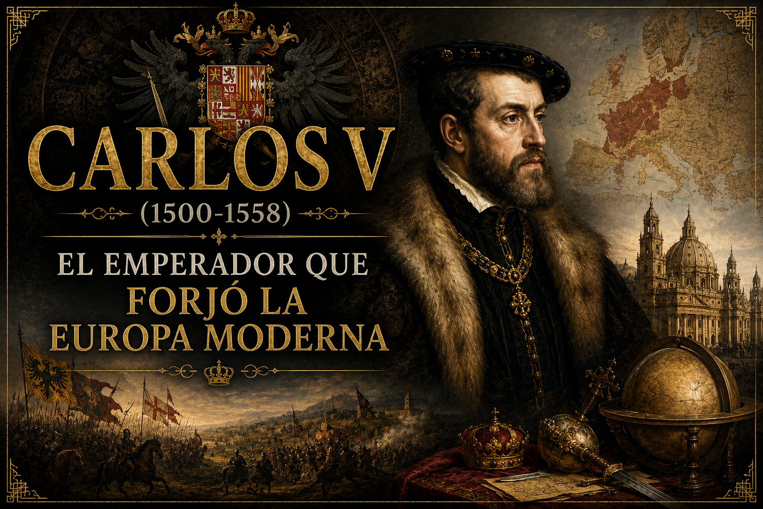 Ilusración de Carlos I de España y V del Sacro Imperio, con un mapa antiguo, un globo terraqueo y un edificio de fondo, así como otras referencias a reinos, con el título del artículo a un lado