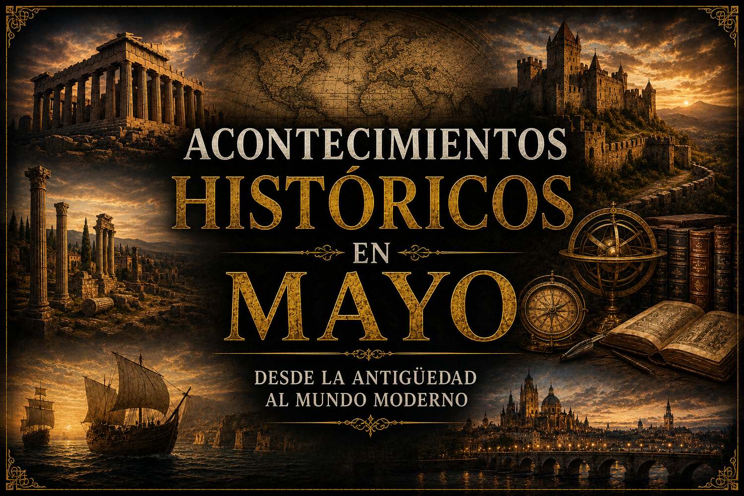 Imágenes con estilo histórico o de época, rodeando el texto: "Acontecimientos históricos en Mayo: desde la antigüedad al mundo moderno"