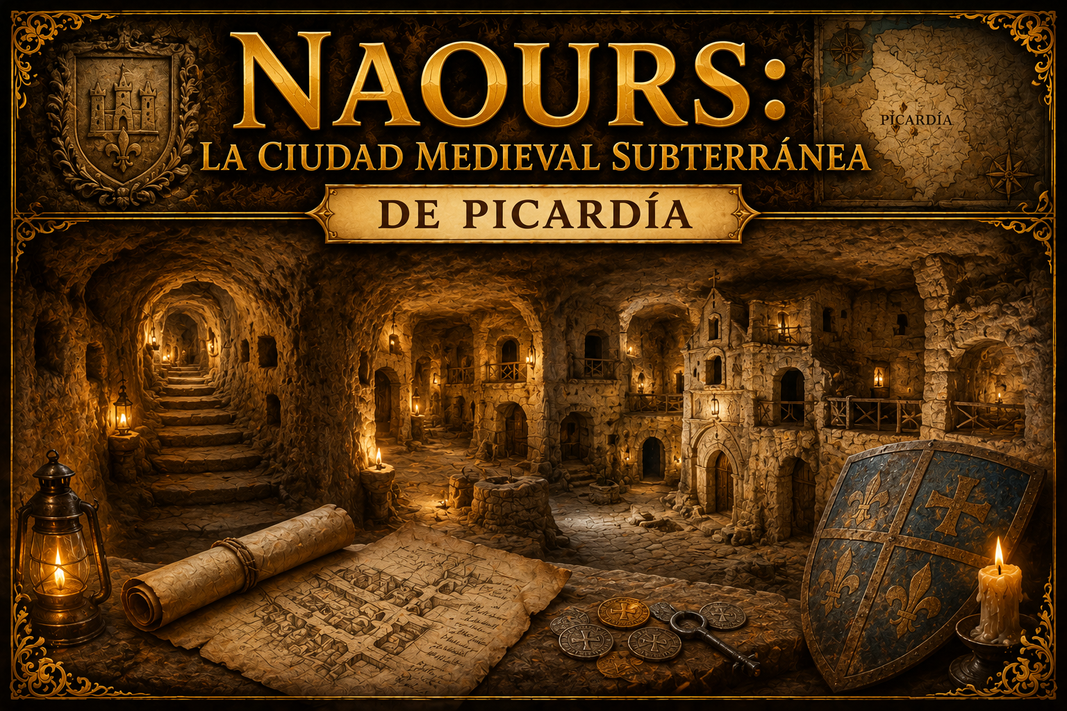 Referencia a una ciudad subterránea, Naours, escudo y pergaminos, con el título del artículo en la parte superior 