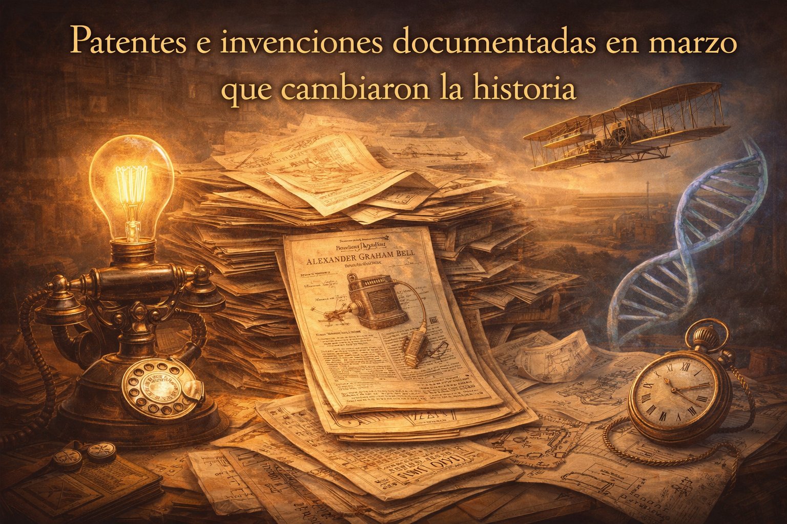 Imagen con papeles, teléfono y otros que dice "Patentes e invenciones documentadas en Marzo que cambiaron la historia"