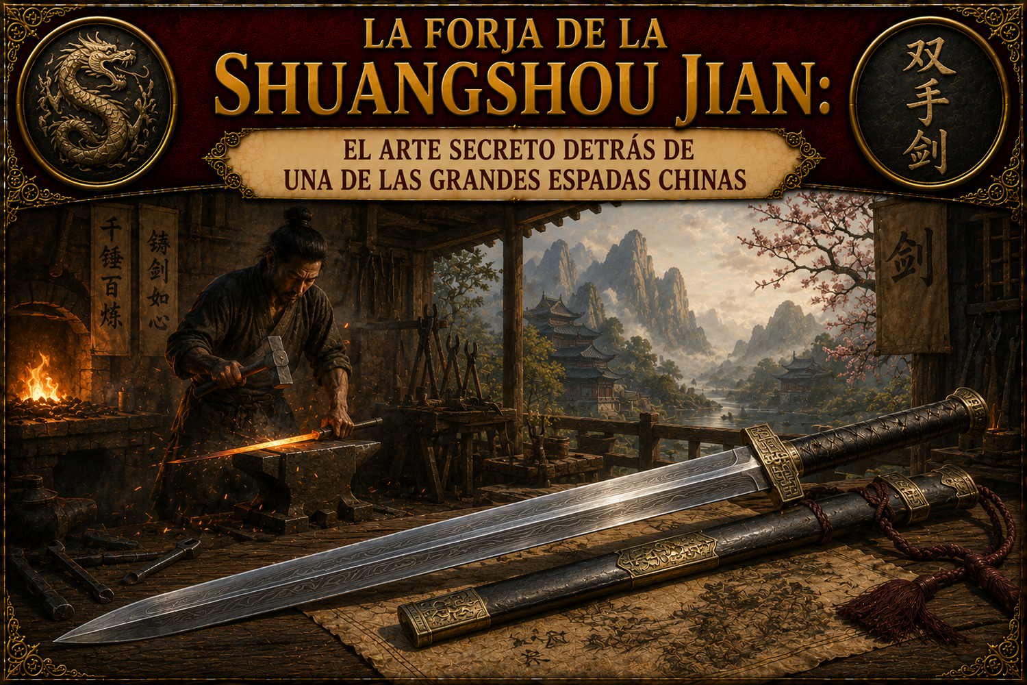 Un herrero chino forjando una espada, con una Shuangshou Jian adelante y el título del artículo en la parte superior