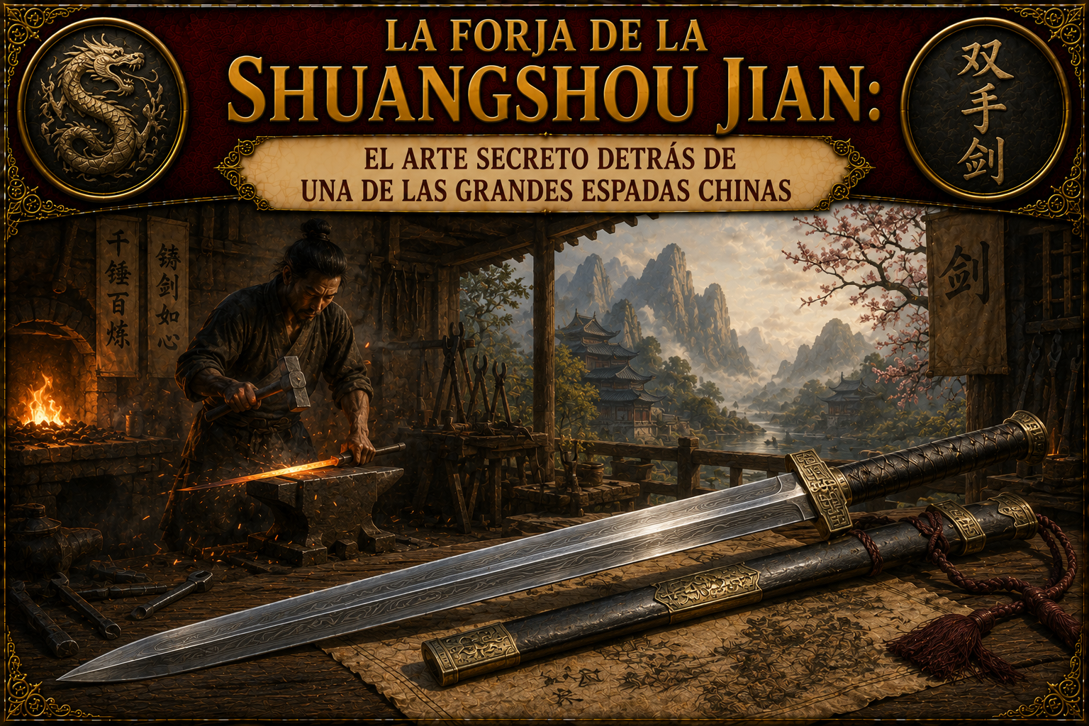 Un herrero chino forjando una espada, con una Shuangshou Jian adelante y el título del artículo en la parte superior
