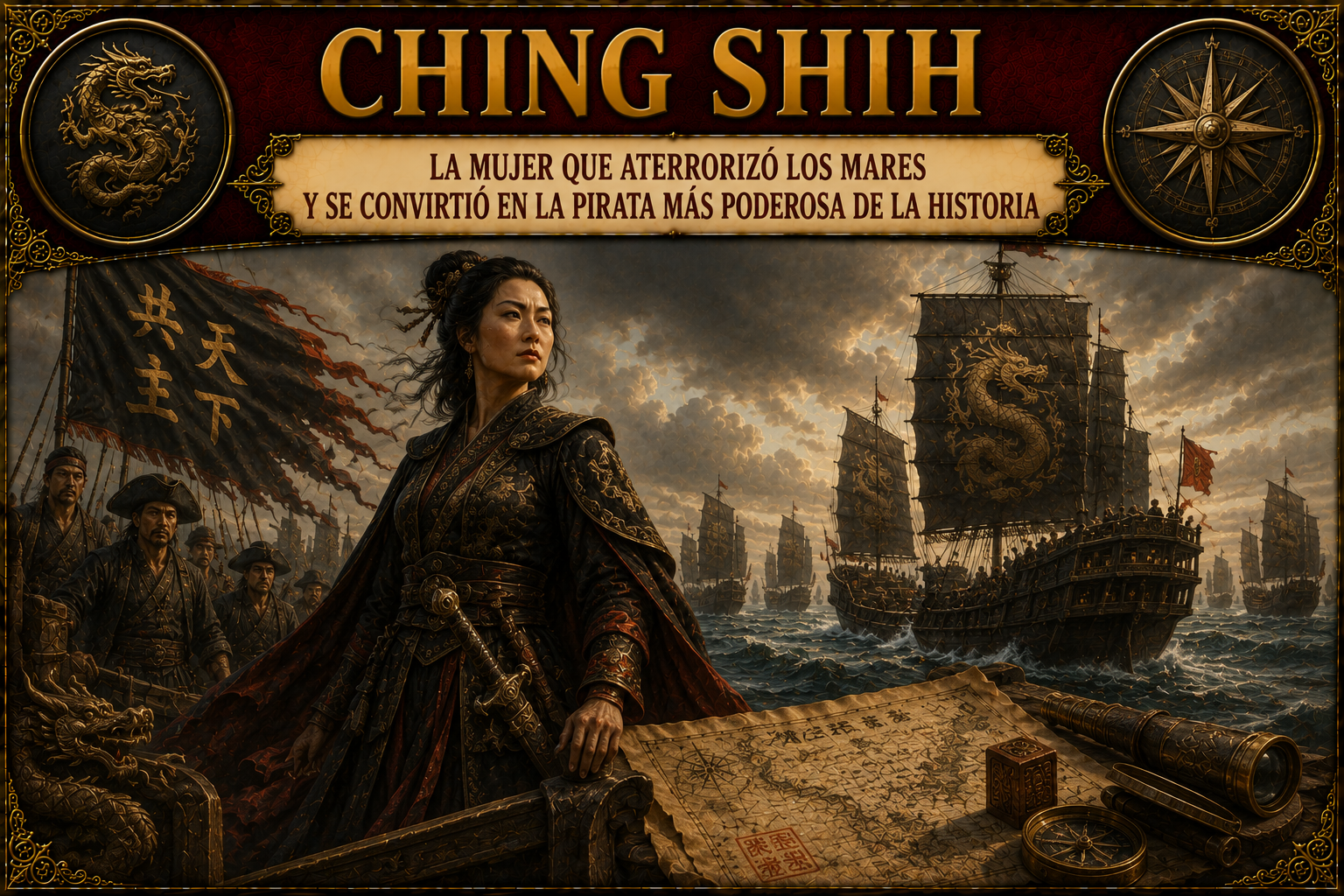 Representación de Ching Shih y su flota, con el título del artículo en la parte superior