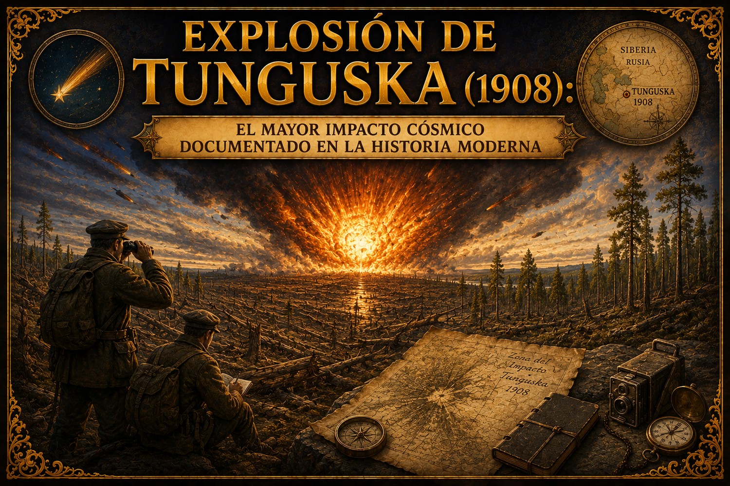 Ilustración de una explosión sobre un bosque, siendo avistada por un par de personas, y registrada, con el título del artículo en la parte superior