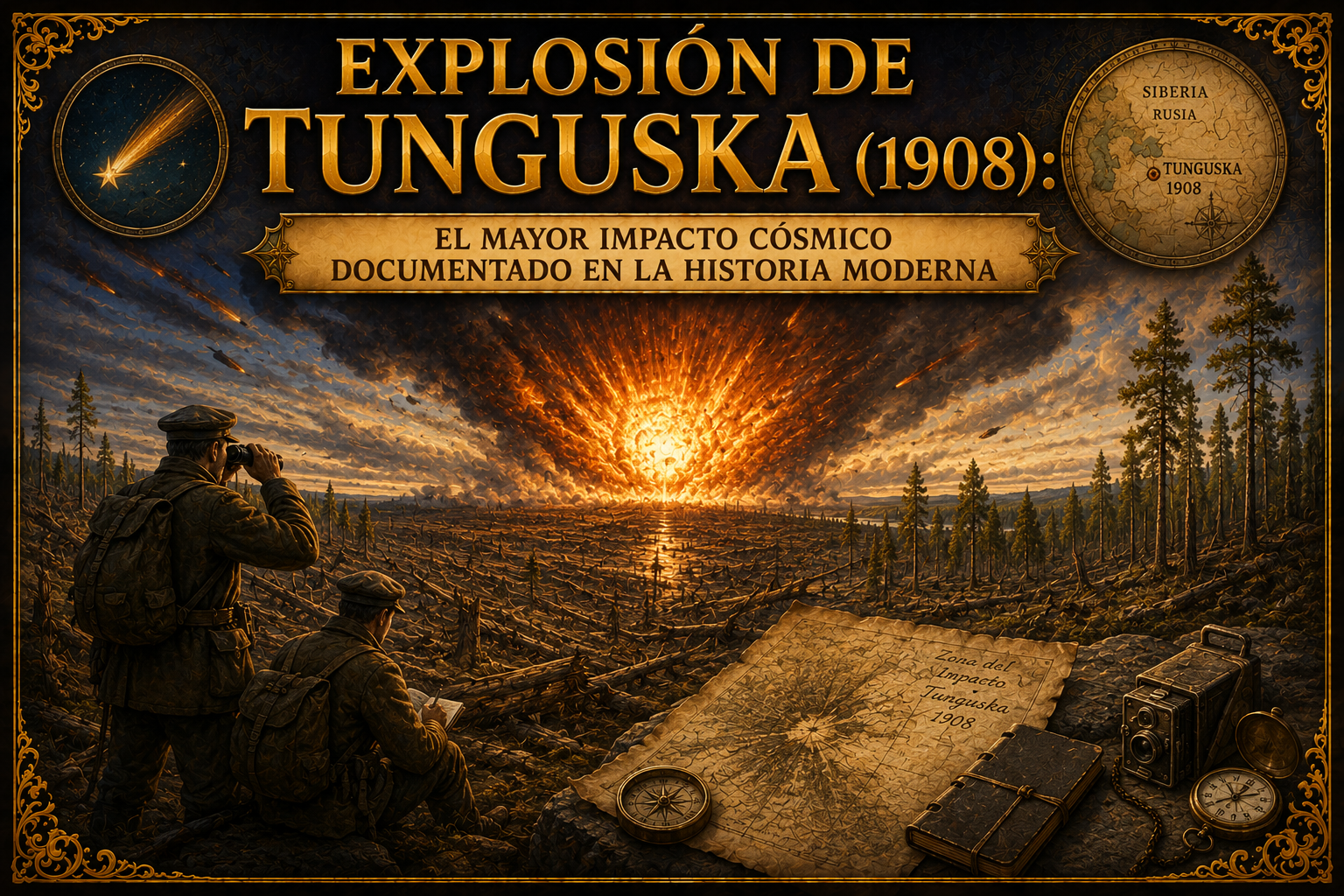 Ilustración de una explosión sobre un bosque, siendo avistada por un par de personas, y registrada, con el título del artículo en la parte superior