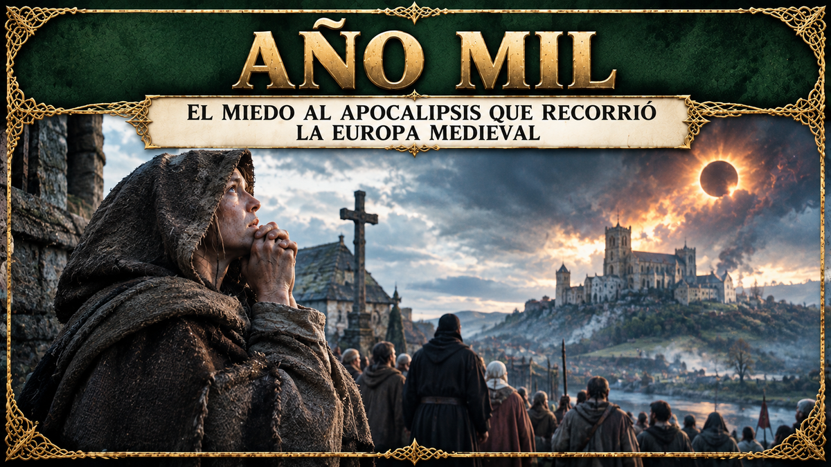 Imagen de personas viendo lo que podrían considerar una señal del apocalipsis, un eclipse, edificios medievales y el título del artículo en la parte superior