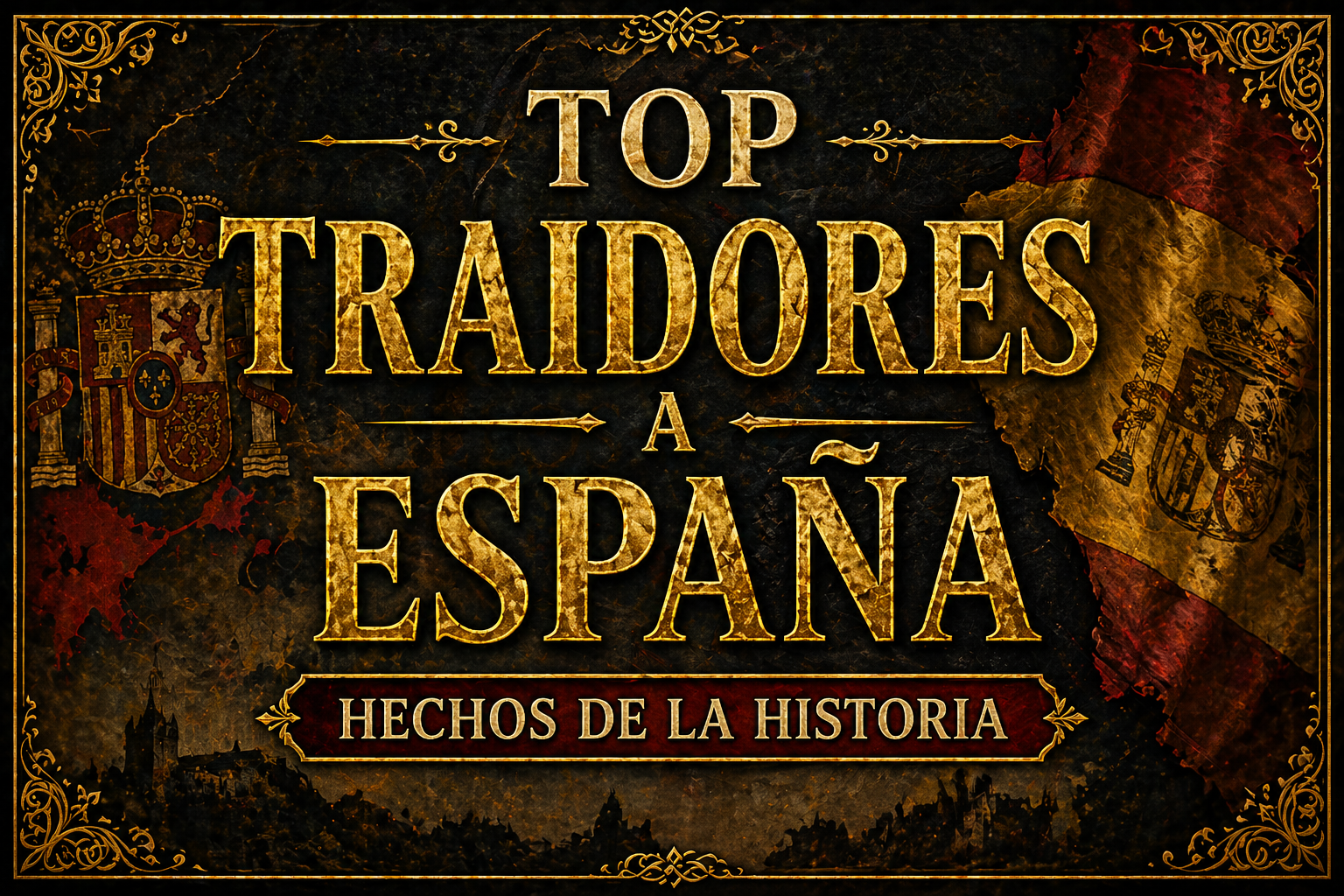 Imagen en tonos viejos y desgastados, que dice "Top Traidores a España: Hechos de la historia" con bandera y escudo de fondo, desgastados