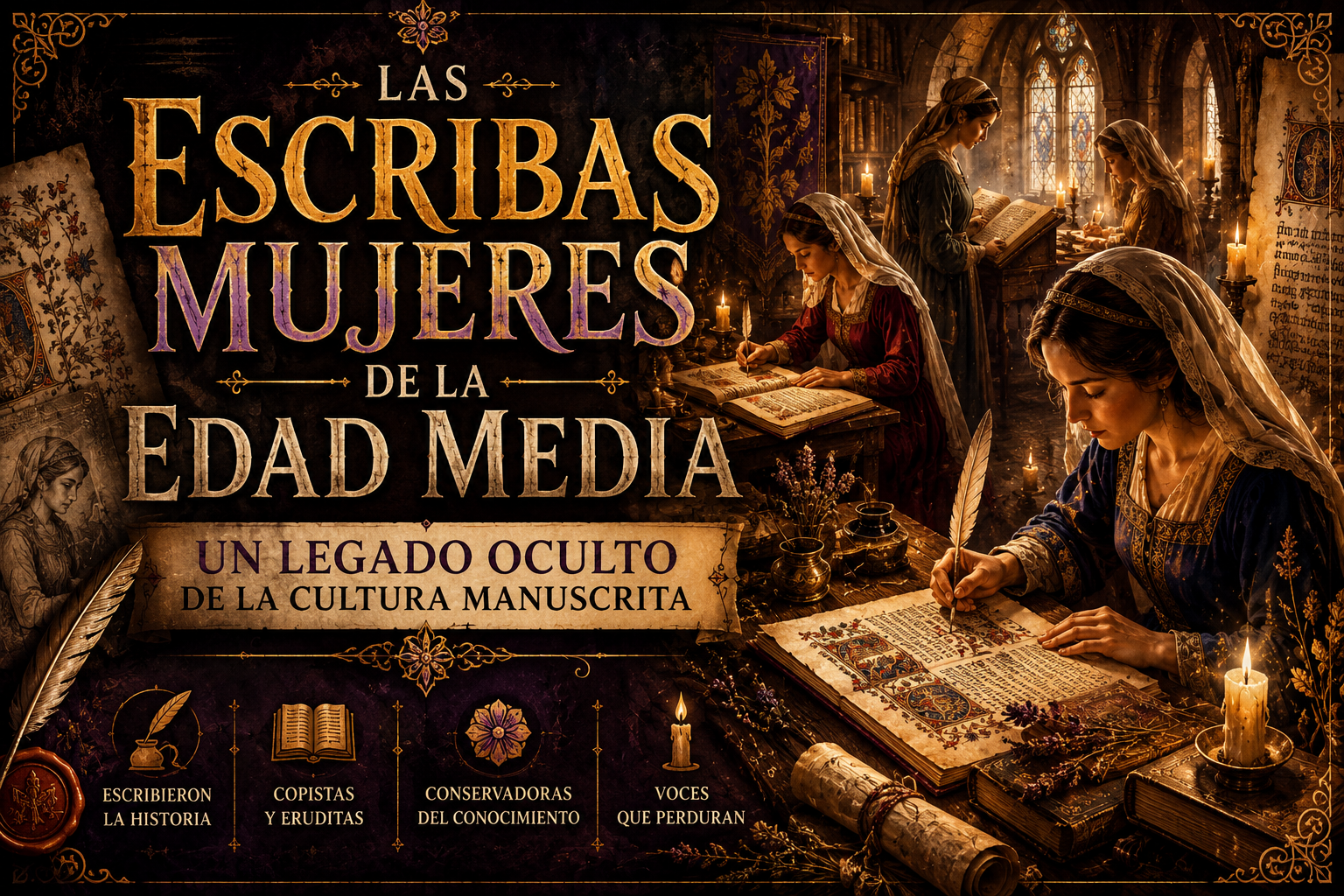 Imagen con mujeres escribiendo y copiando textos y el título: Las escribas mujeres de la Edad Media, un legado oculto de la cultura manuscrita