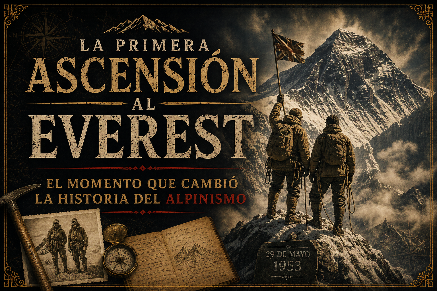 Dos personas mirando la cima del Everest, alzando una bandera. Referencias como fotos, un diario, una brújula y un pico, y el título del artículo