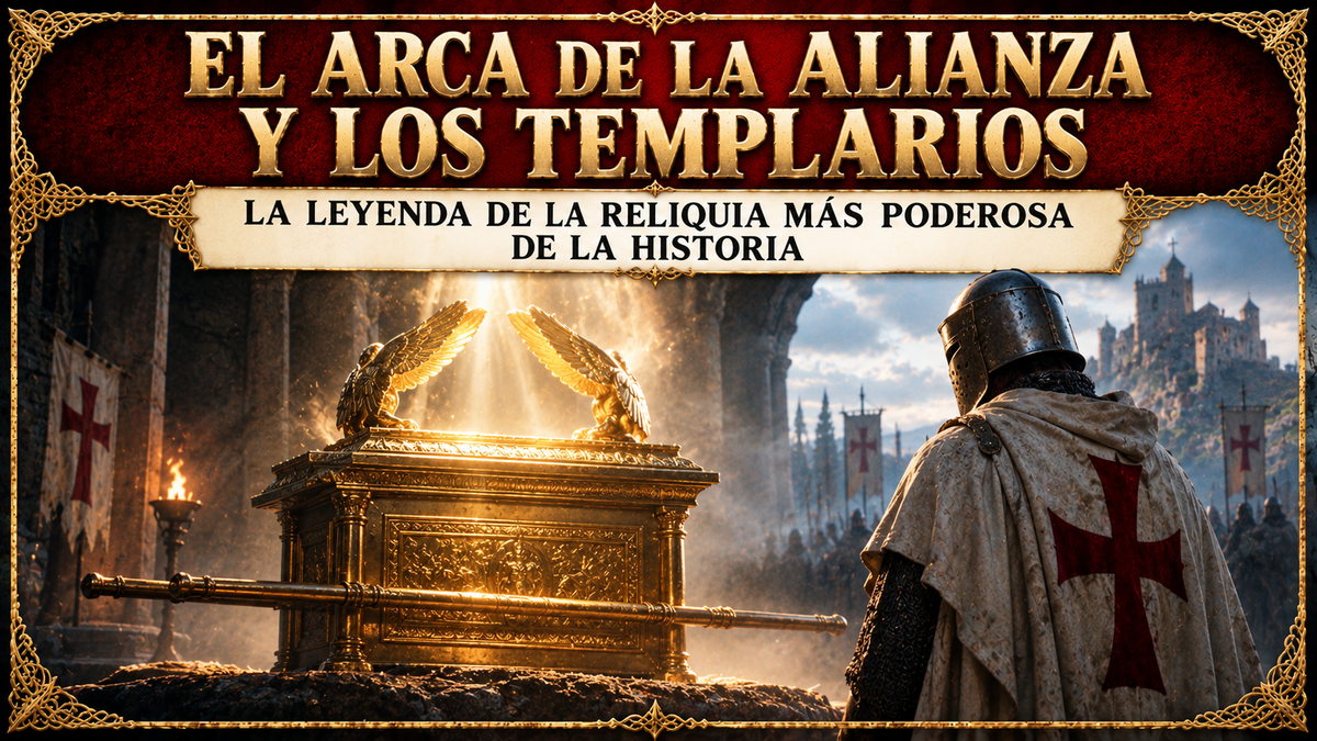 Templario de espaldas, frente al Arca de la Alianza, ilustración con el título del artículo en la parte superior