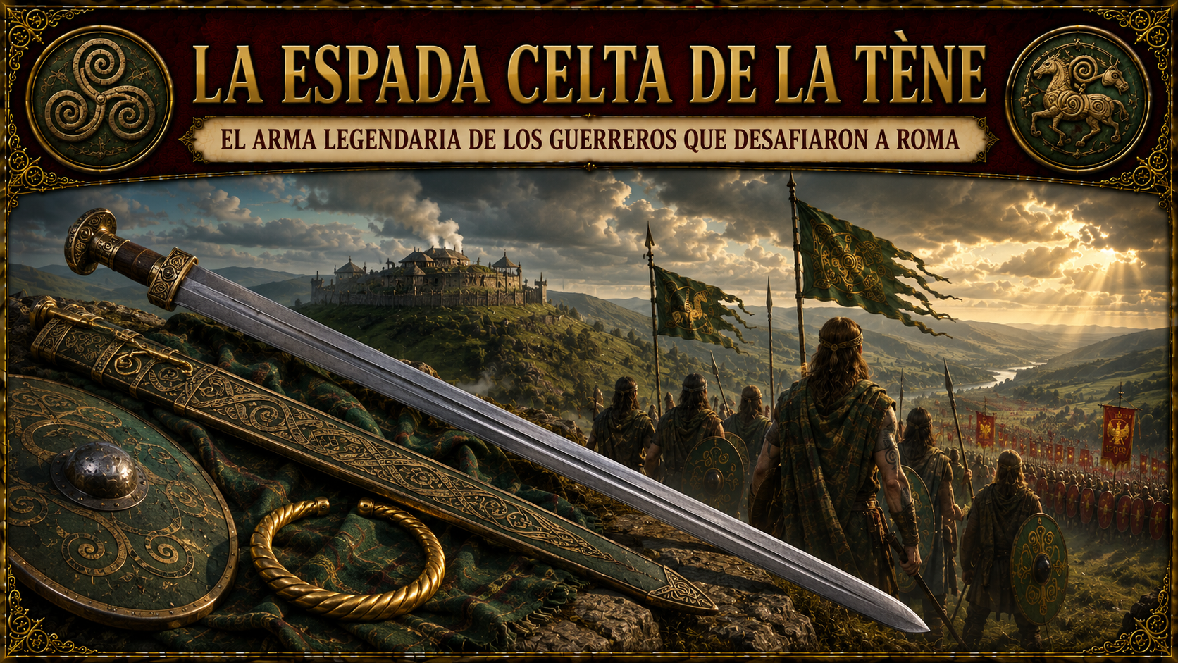 Imagen de la Espada de la Tène, con referencias a guerreros celtas y el título del artículo en la parte superior