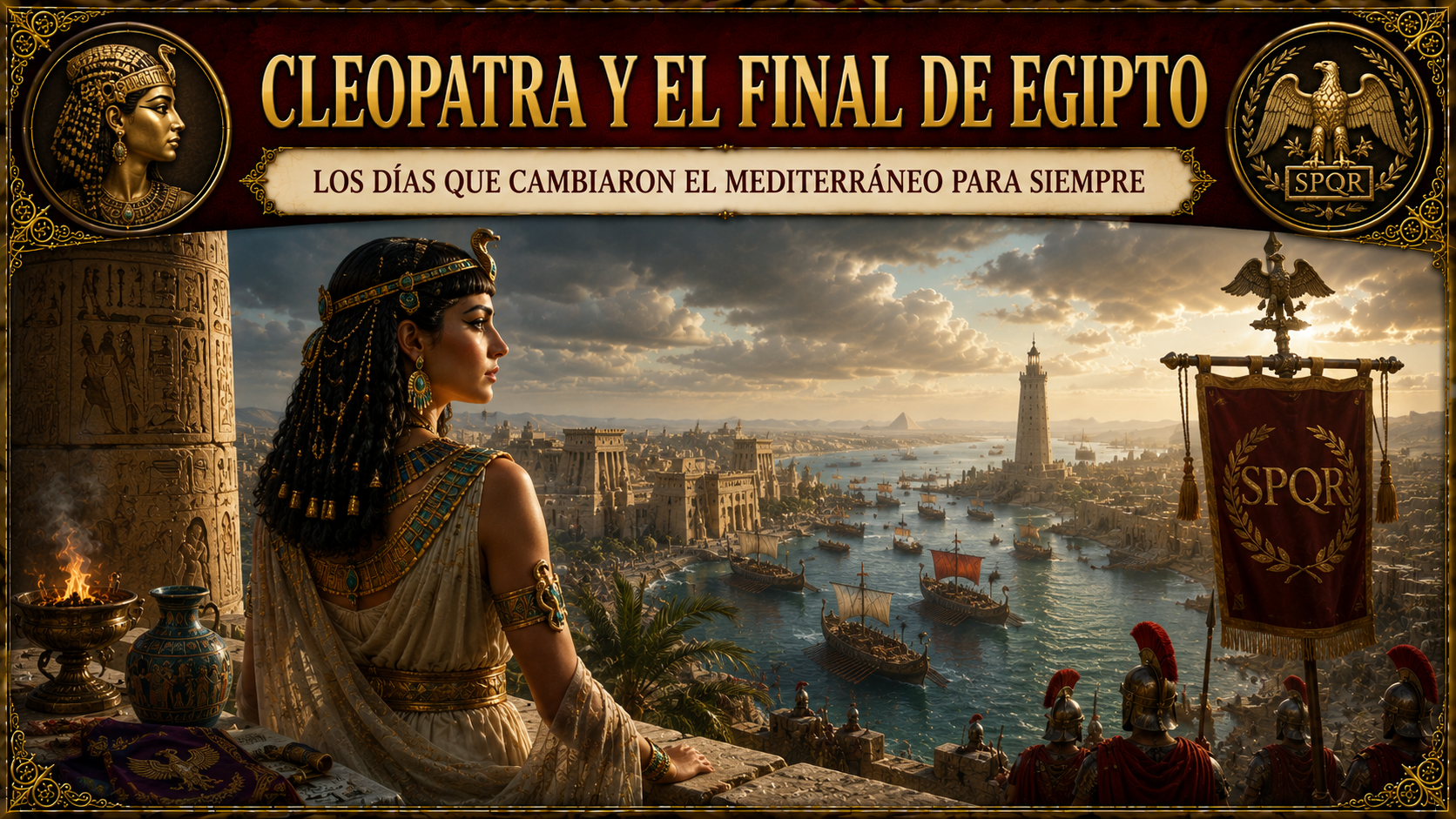 Cleopatra contemplando el mediterráneo con tropas romanas, ilustración