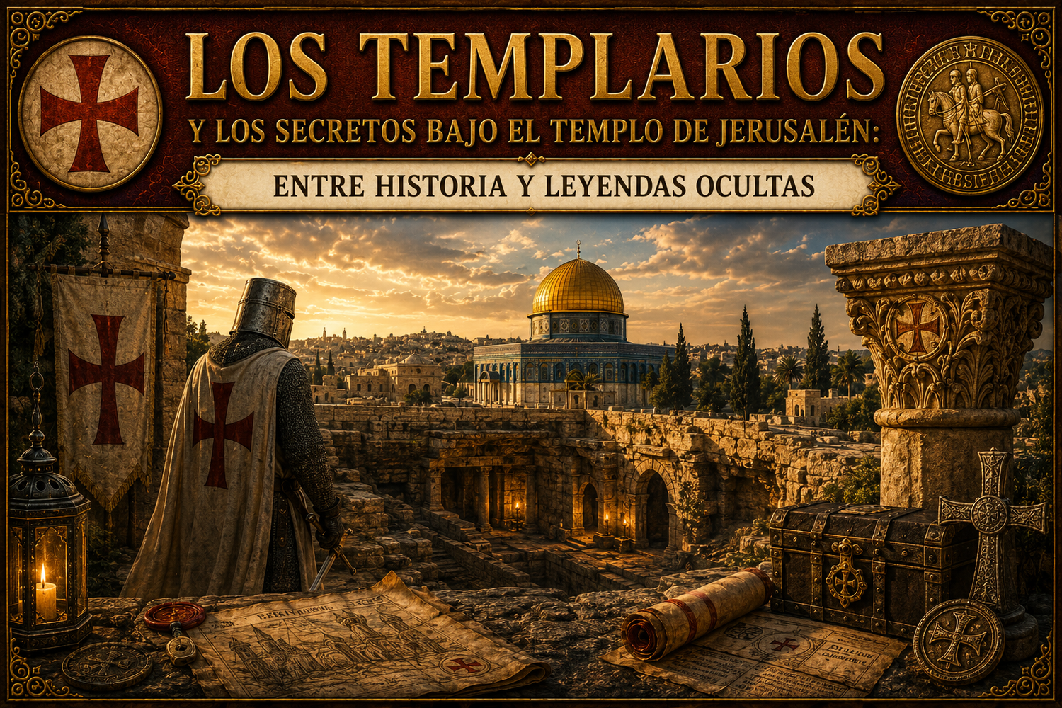 El Templo de Jerusalén de fondo y delante, paisajes misteriosos y un Templario, con el título del artículo en la parte superior