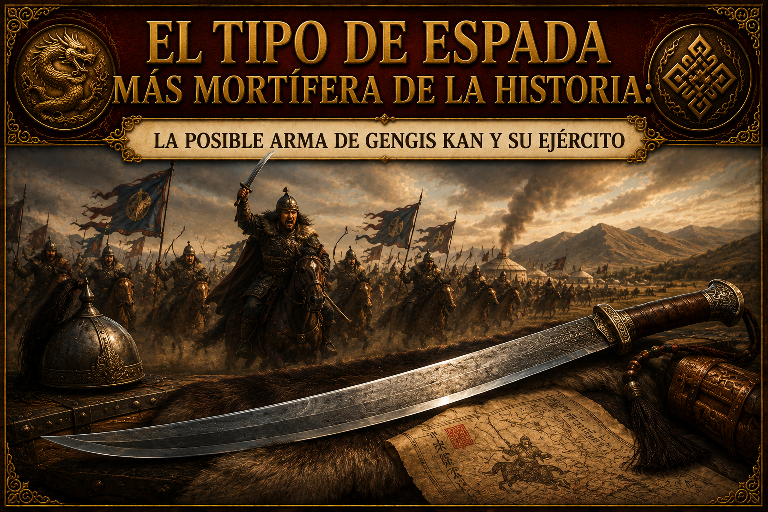 Un sable mongol al frente, con un paisaje dónde muestraa  Gengis Kan de fondo y presenta el título del artículo en la parte superior