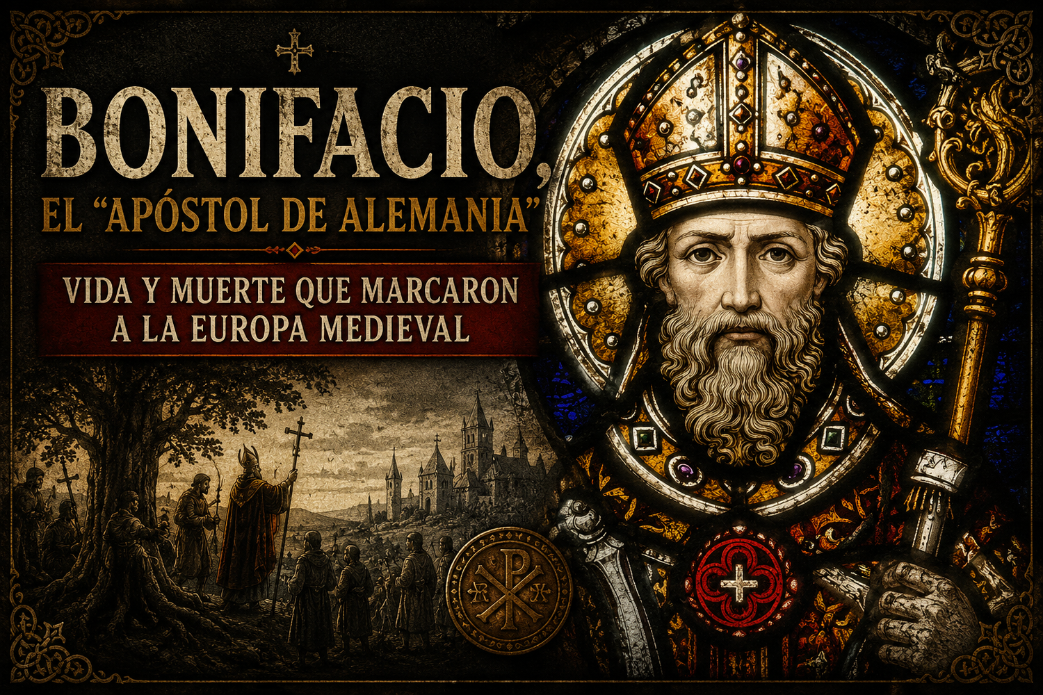 Ilustración de Bonifacio predicando bajo un árbol de fondo, e ilustración de su rostro como vitral de frente, con el título del artículo