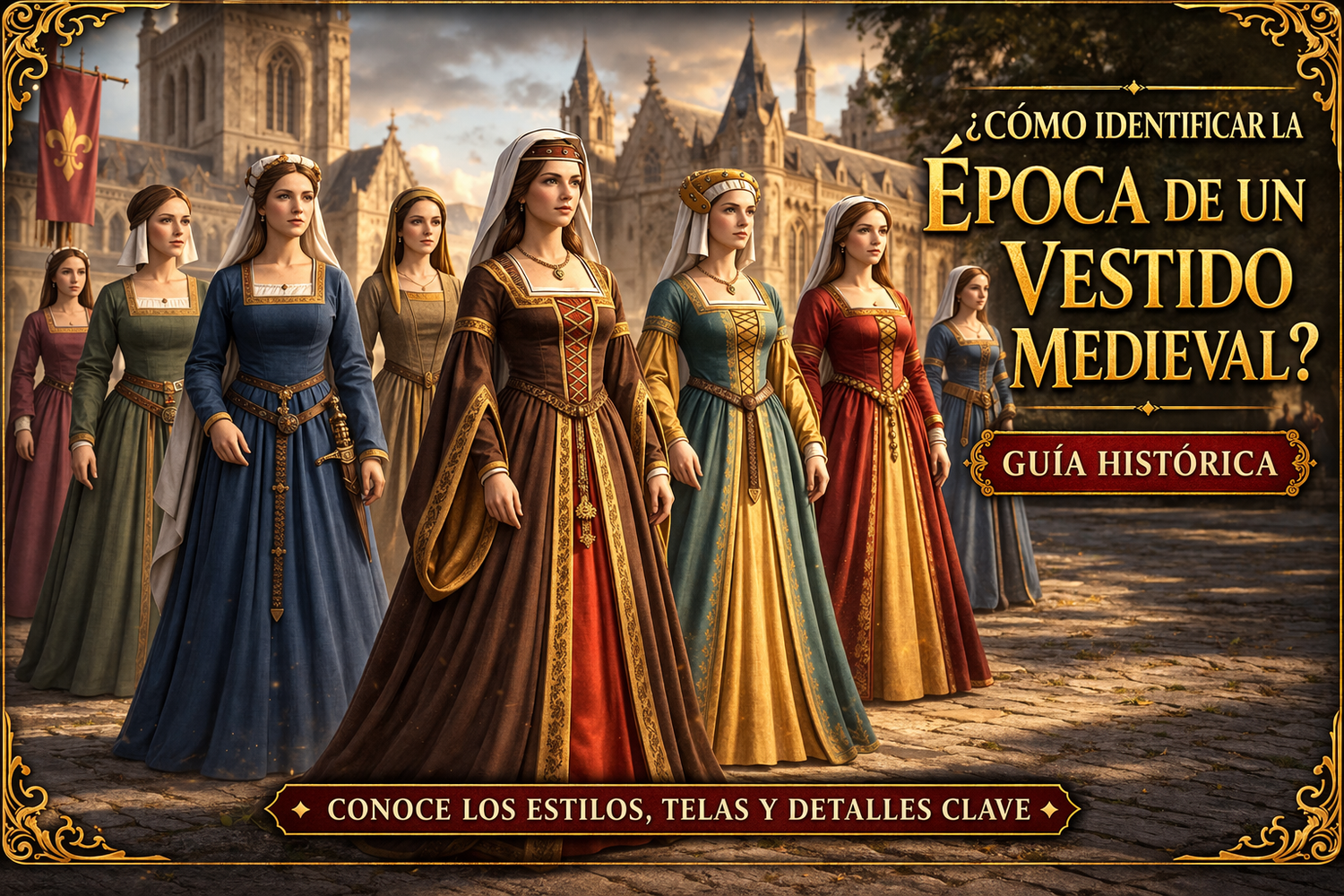 Imagen con muchas mujeres con vertimenta Medieval enfrente de castillos, una ilustración, que además incluye el título del artículo
