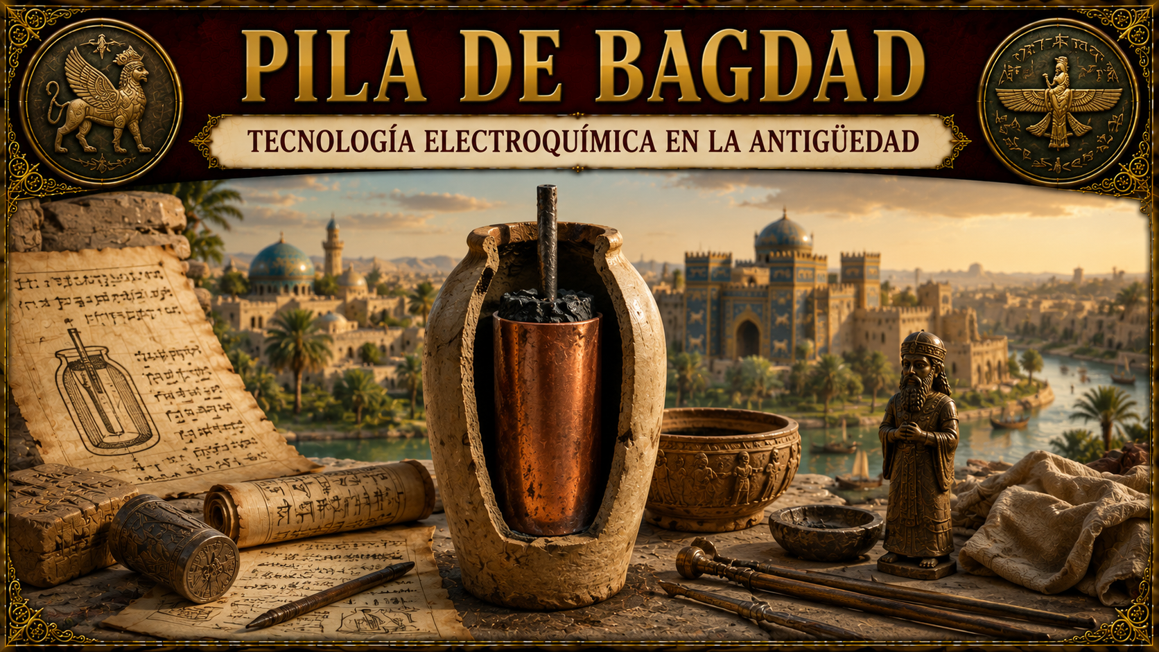 Ilustración de una Pila de Bagdad con el título del artículo en la parte superior