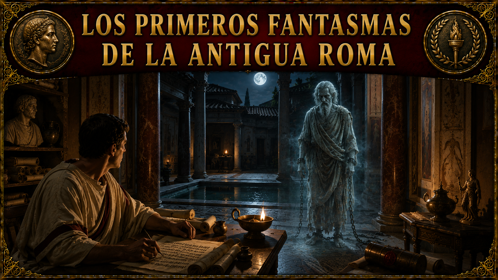 Una escena de la antigua roma, con alguien escribiendo y una figura espectral. El título del artículo en la parte superior