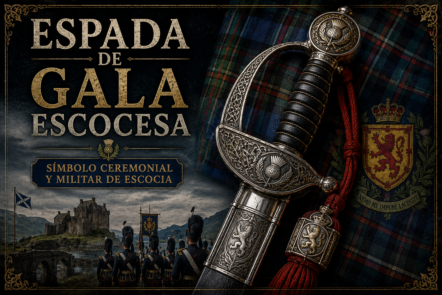 Empuñadura de una espada sobre un fondo de tela y el título del artículo a un lado