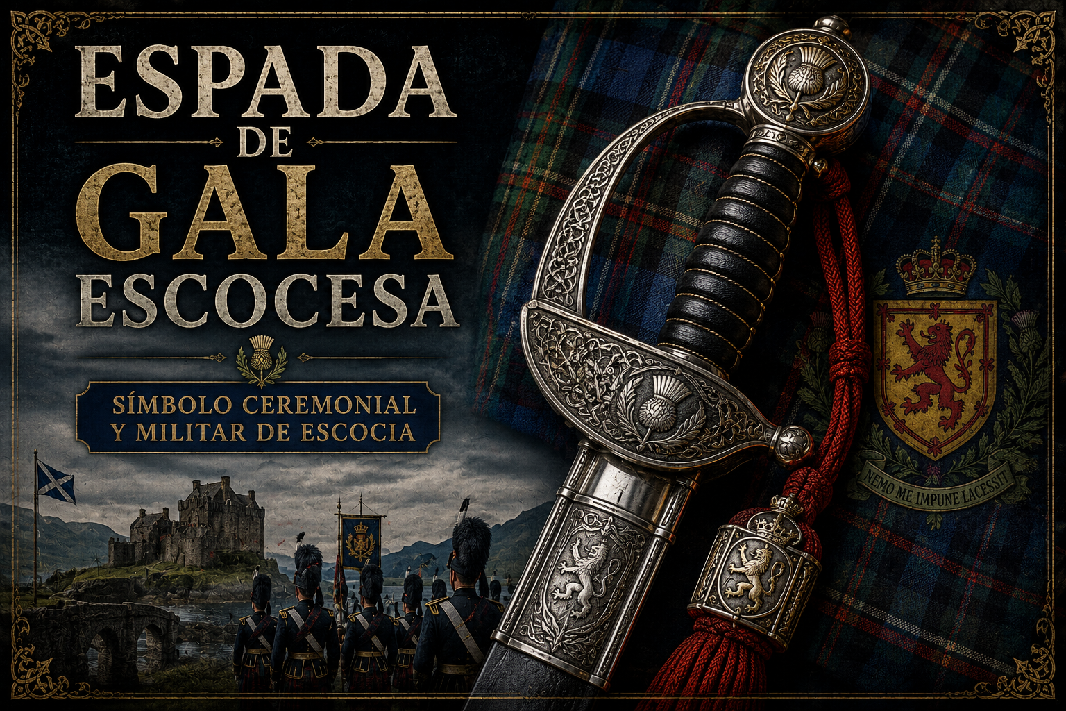Empuñadura de una espada sobre un fondo de tela y el título del artículo a un lado