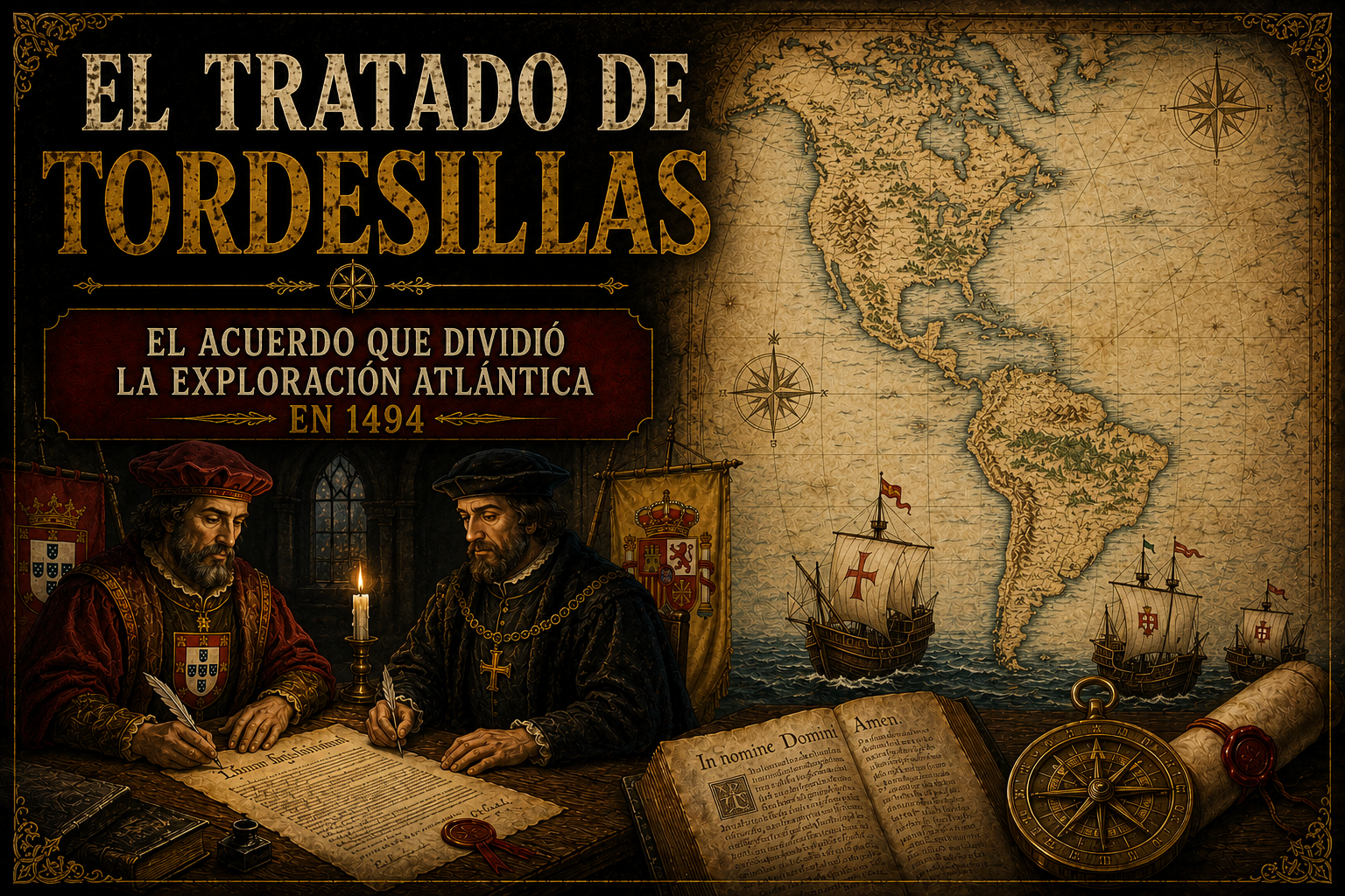 Antiguo mapa de américa de fondo, con el título del artículo a un lado, barcos bajo él y a su lado dos hombres firmando una hoja