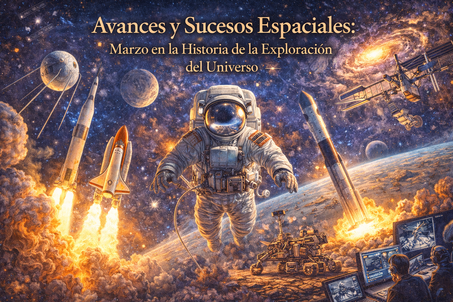 Imagen de un astronauta y varias cosas relacionadas al espacio