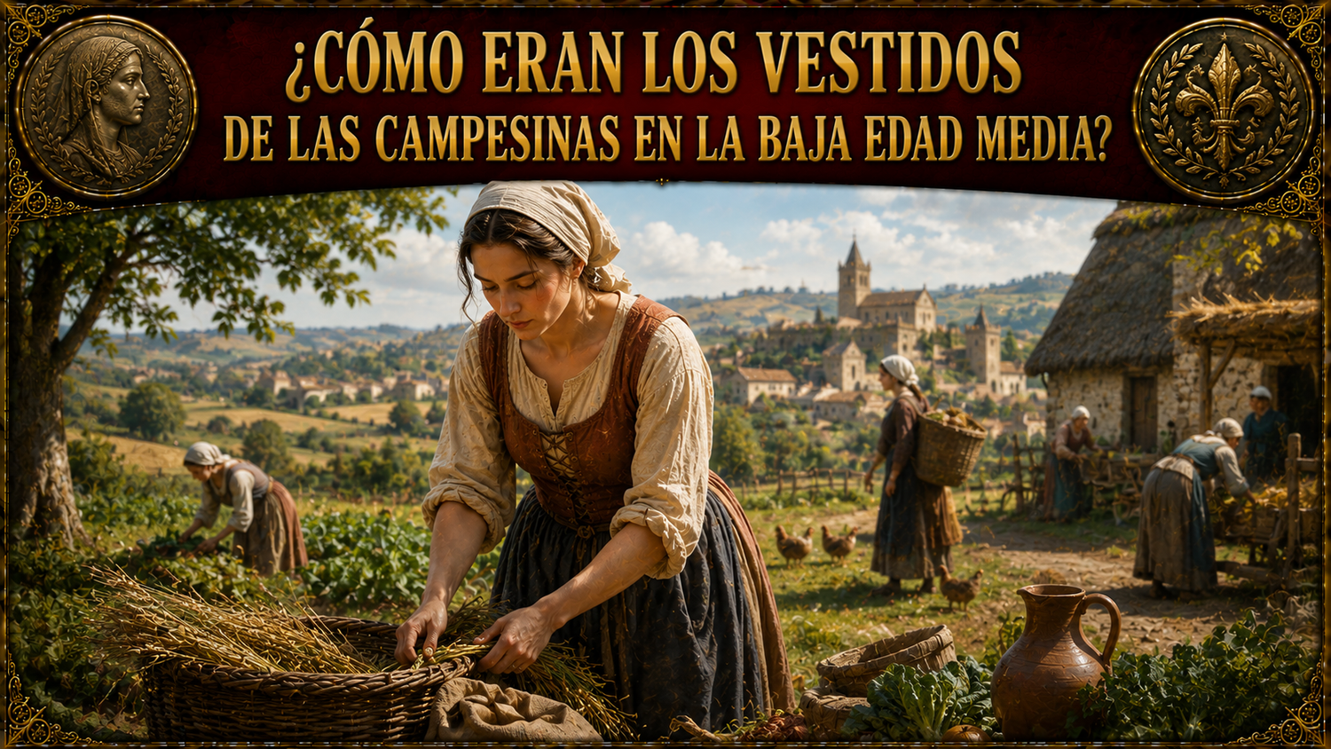 Mujeres medievales trabajando en el campo, con el título del artículo en la parte superior