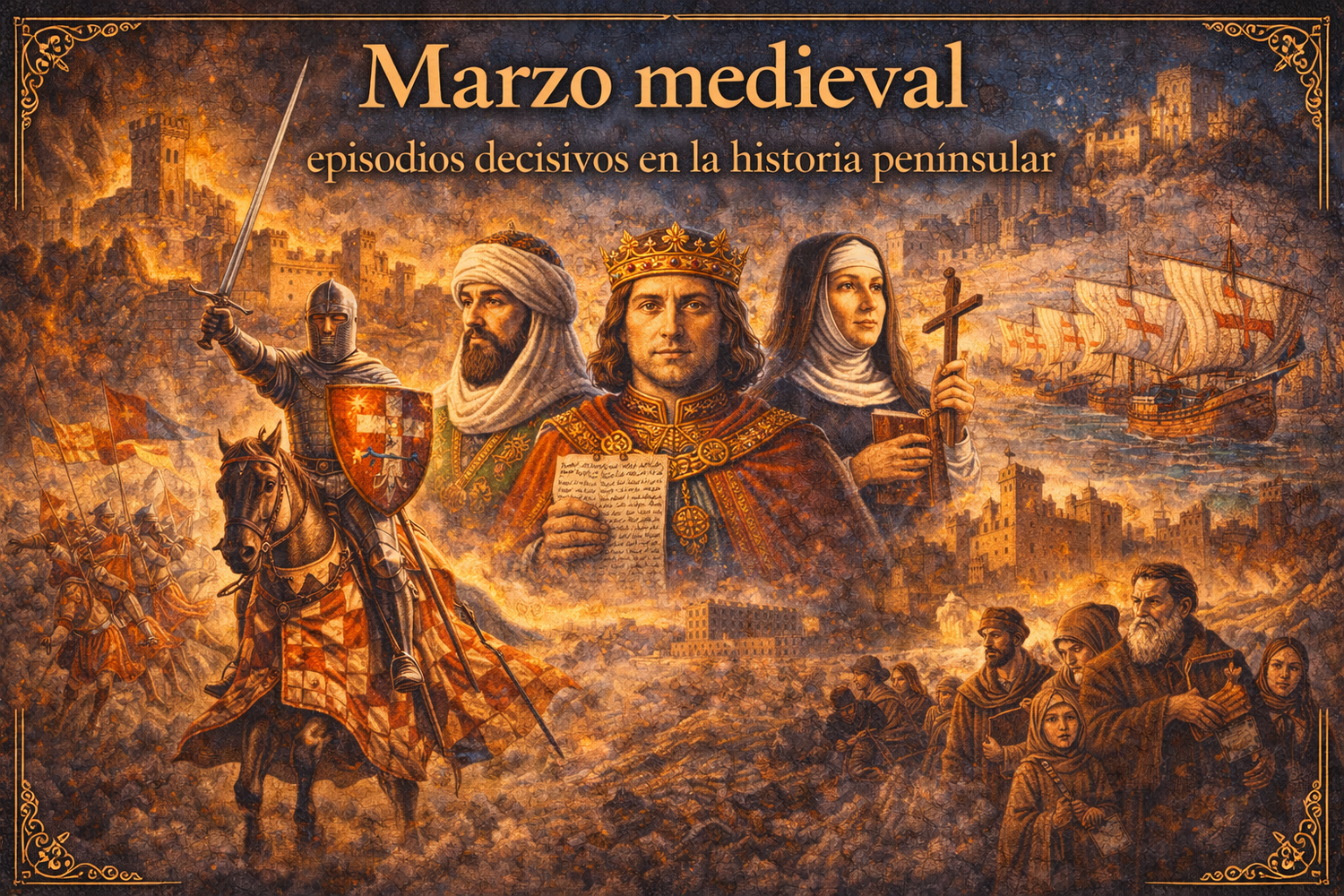 Imagen con referencias medievales, caballeros, carabelas, reyes y castillos