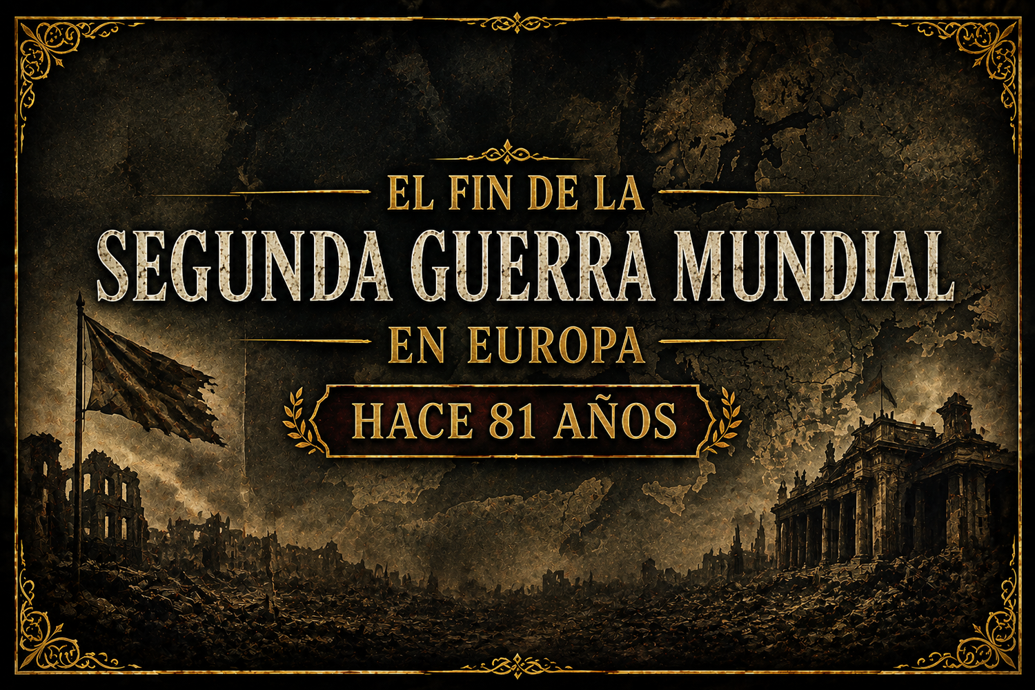 Imagen en tonos obscuros, degastados, que dice "El fin de la Segunda Guerra Mundial en Europa, Hace 81 años