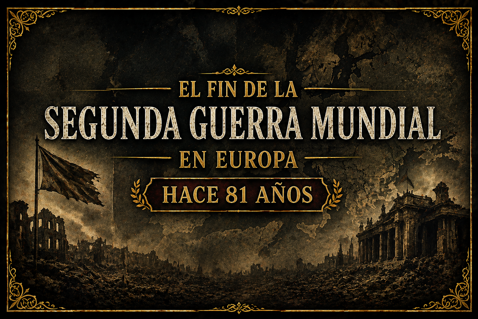 Imagen en tonos obscuros, degastados, que dice "El fin de la Segunda Guerra Mundial en Europa, Hace 81 años