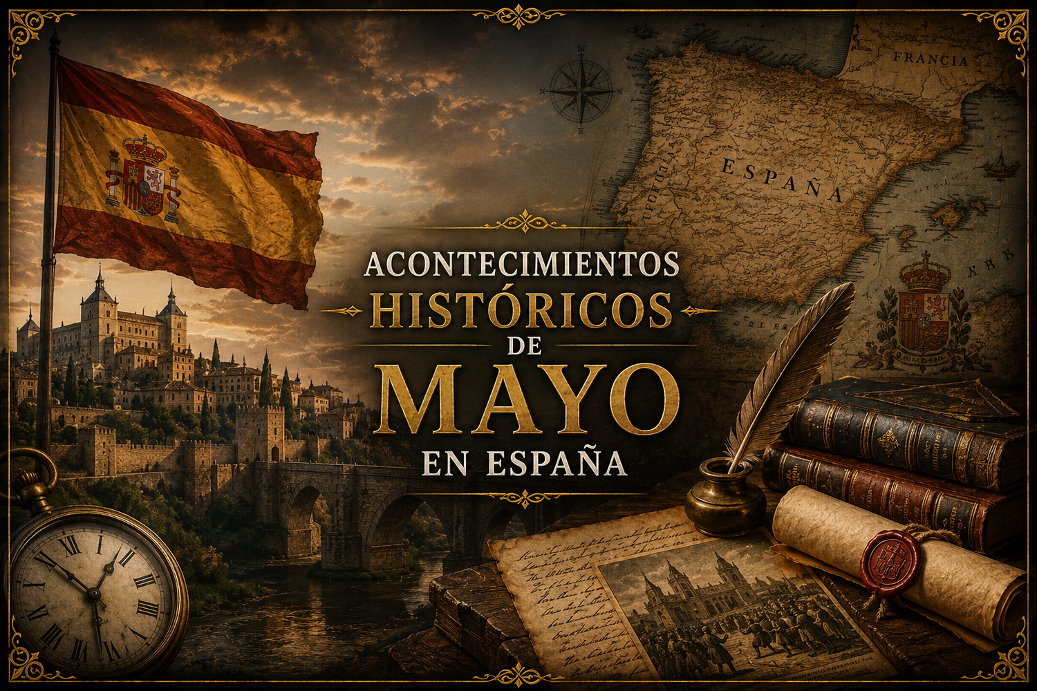 Referencias a España, bandera, mapa, construcciones, y notas, libros, pergaminos, una pluma y un reloj de bolsillo, con el título del artículo al centro