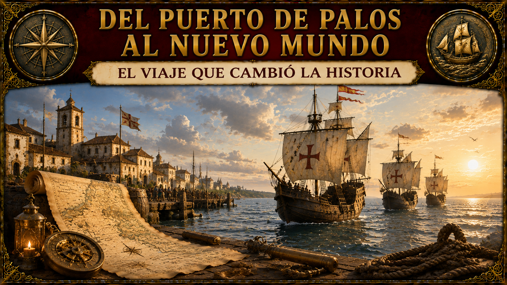 Ilustración de las embarcaciones de Colón con el título del artículo en la parte superior