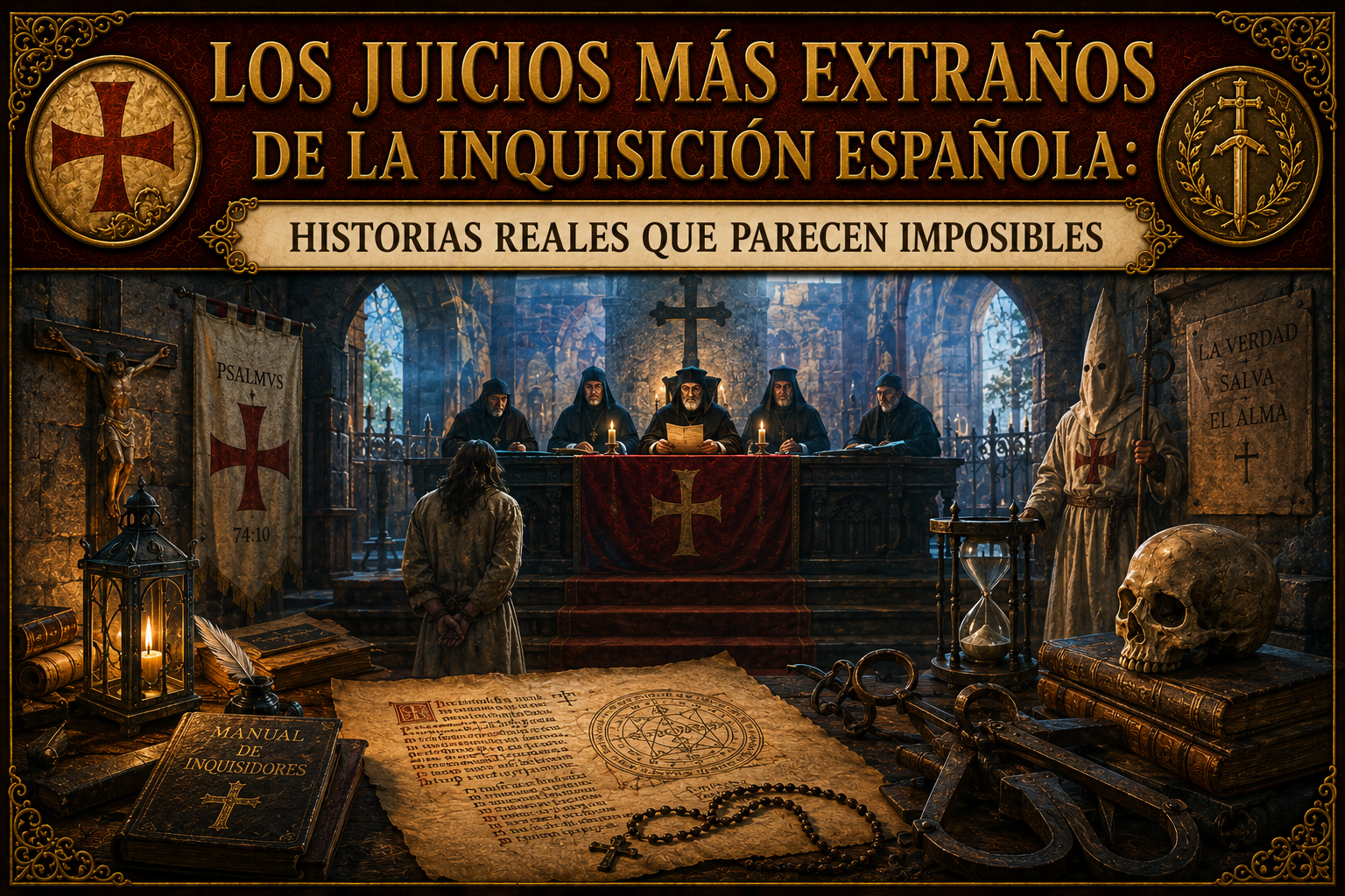 Ilustración que representa un juicio de la inquisición, con el título en la parte superior