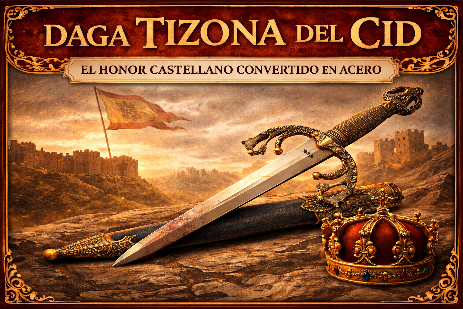 Daga Tizona del Cid, con una corona y fondo de estilo Medieval, con el título del artículo en la parte superior