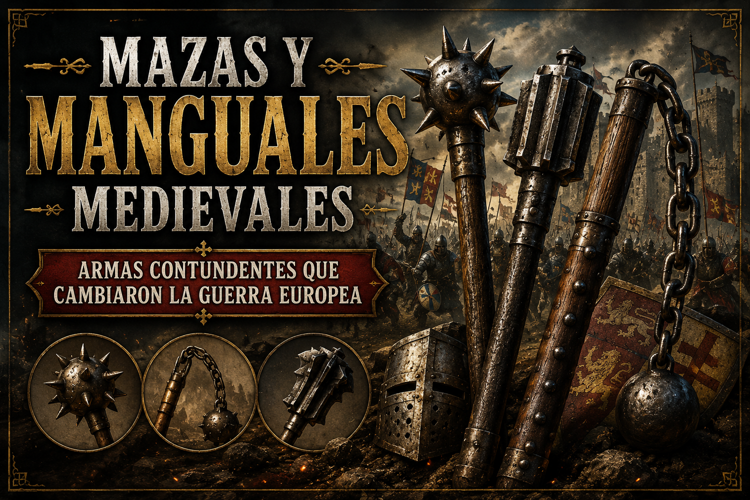 Mazas y Manguales con fondo de guerreros y el título del artículo a un lado