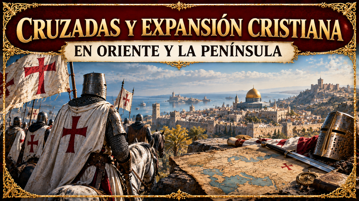 Caballeros cruzados, Jerusalén al fondo, y el título del artículo en la parte superior