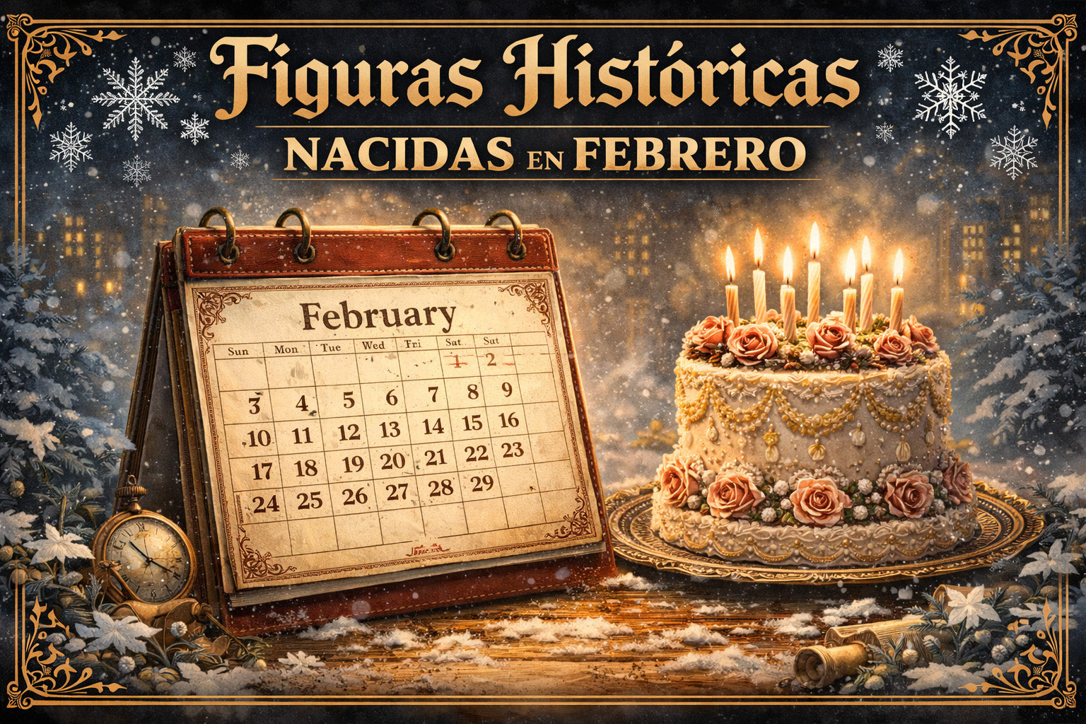 Calendario de Febrero y pastel de cumpleaños, con texto de Figuras históricas nacidas en Febrero
