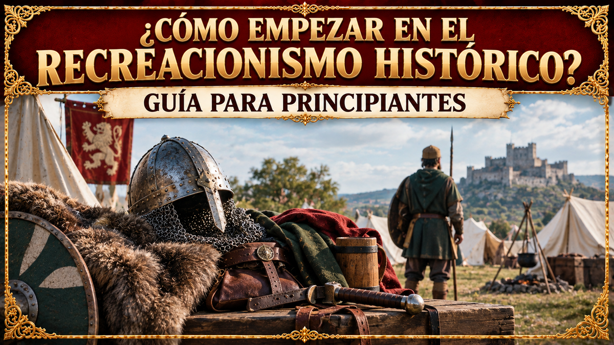 Ilustración de escenarios y objetos de uso en recreacionismo histórico y el título del artículo en la parte superior