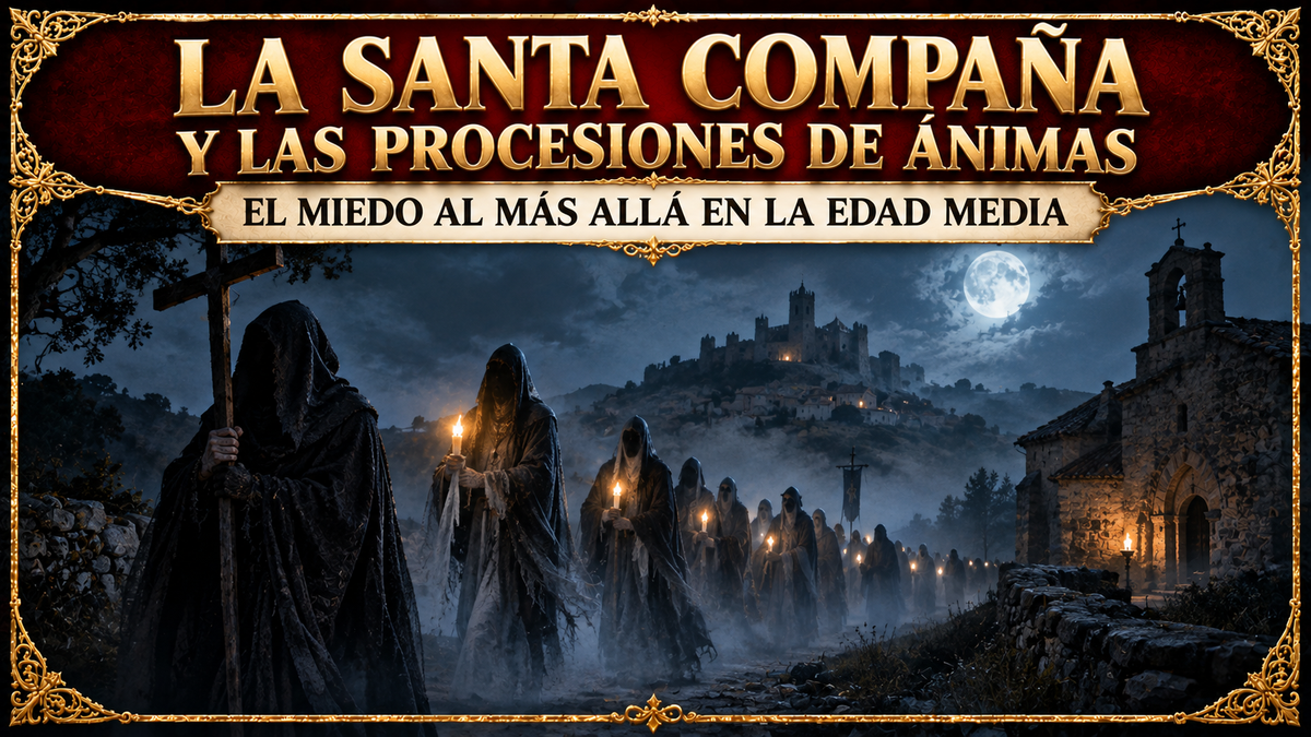 La Santa Compaña, ilustración con una iglesia de fondo y el título en la parte superior