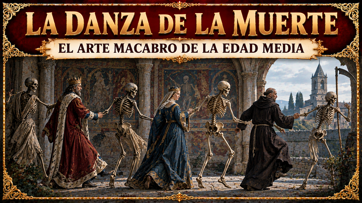 Ilustración representando la Danza de la Muerte y el título del artículo en la parte superior