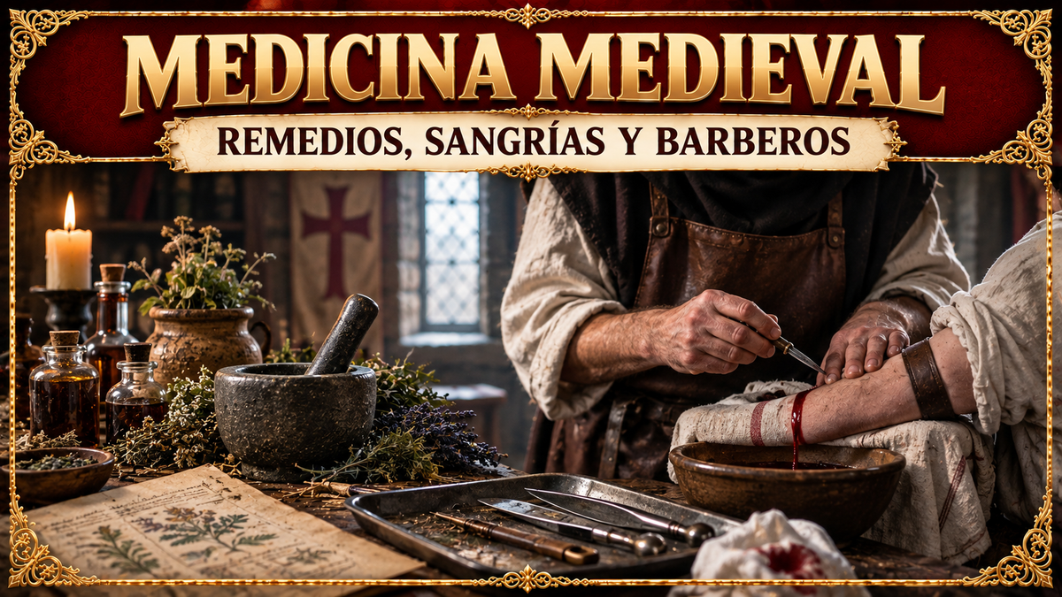 Ilustración con referencia a la medicina medieval y el título del artículo en la parte superior