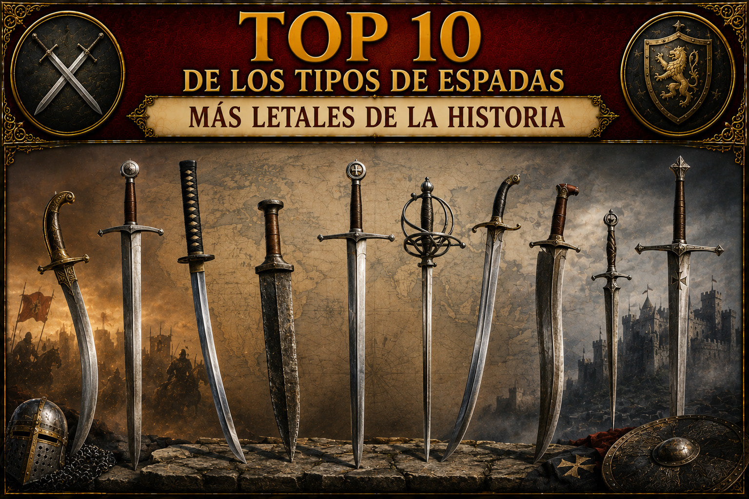 Ilustración con varios tipos de espadas clavados y el título del artículo en la parte superior